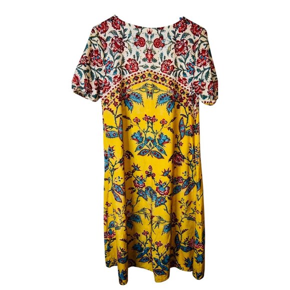 Floral Print Boho Maxi Dress With Short Sleeves & V-Neckline Yellow Size Medium - Picture 2 of 3